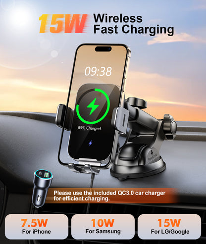 Wireless Car Charger Mount Auto Clamping, 15W Fast Charging Car Phone Holder Charger for Dash Windshield Vent for iPhone 17 16 15 14 13 12 Pro Max, Samsung Galaxy S25 S24+ S23 Ultra S22 S21+