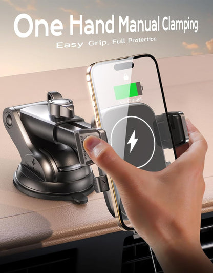 Wireless Car Charger, [15W Fast Charging] Car Phone Mount with Upgrade Suction, Car Phone Holder Charger for Dashboard Windshield Compatible with iPhone 17/16/15 Pro Max, Galaxy S25/S24 Ultra