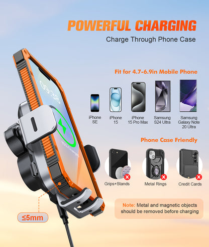 Wireless Car Charger Mount Auto Clamping, 15W Fast Charging Car Phone Holder Charger for Dash Windshield Vent for iPhone 17 16 15 14 13 12 Pro Max, Samsung Galaxy S25 S24+ S23 Ultra S22 S21+